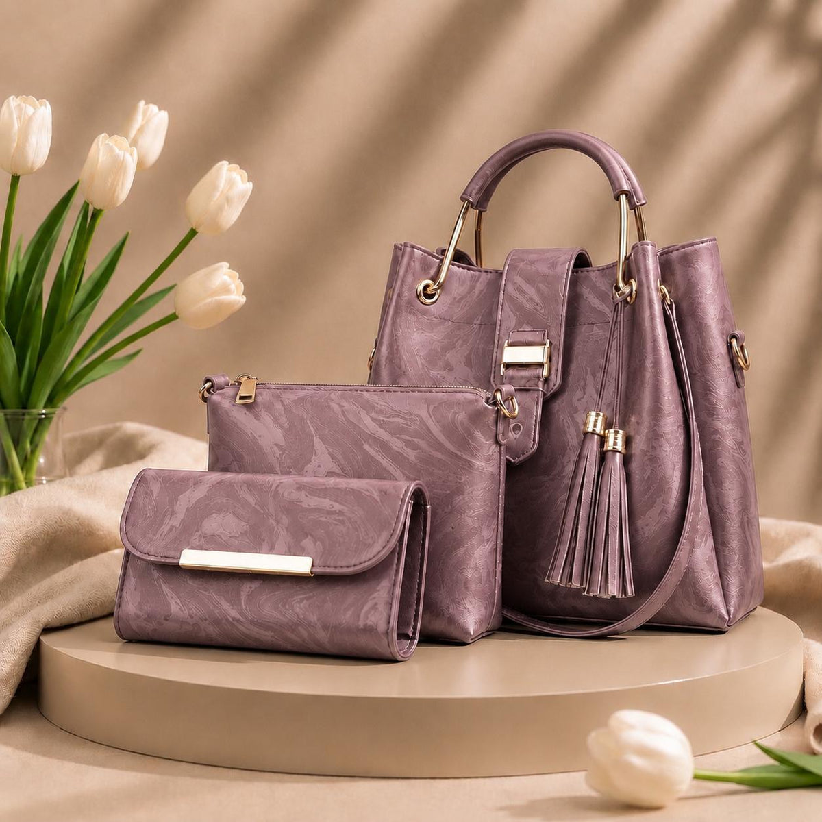 3 Pcs Luxury Women Handbag Set | Premium Leather Tote Bag with Shoulder Bag & Wallet | Stylish Designer Purse Set | All Colours.