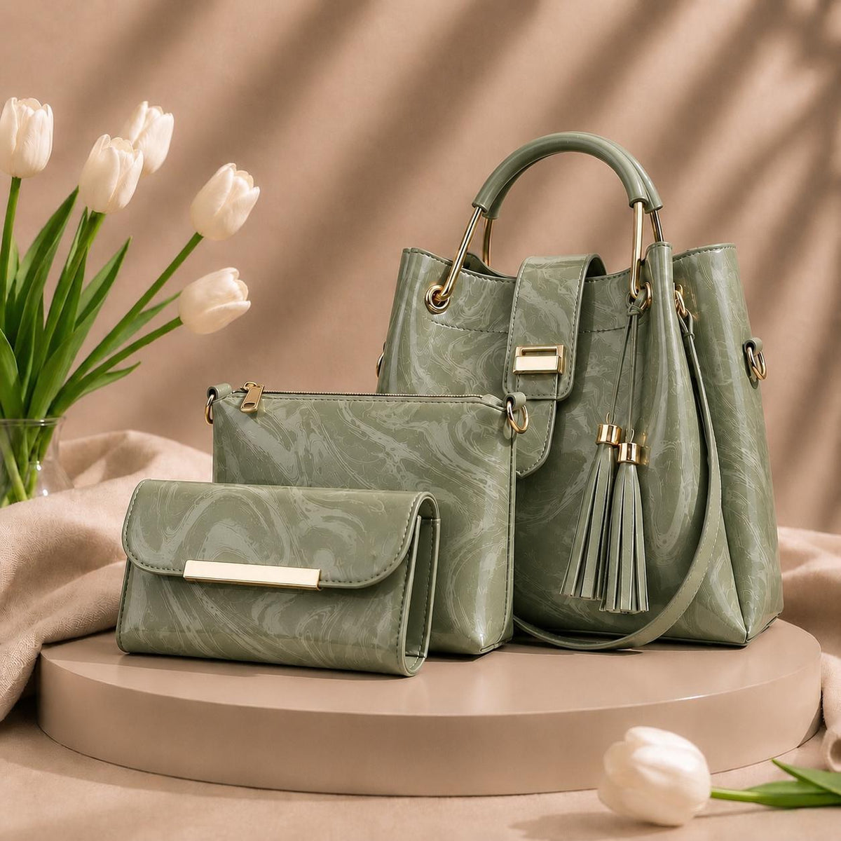 3 Pcs Luxury Women Handbag Set | Premium Leather Tote Bag with Shoulder Bag & Wallet | Stylish Designer Purse Set | All Colours.