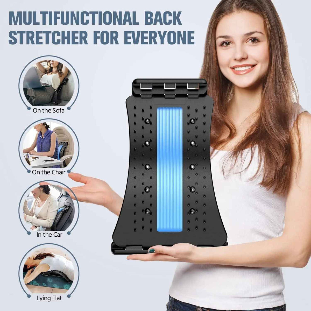 Multi-Level Back Stretching Device & Lumbar Support Massager, Adjustable Spinal Pain Relief for Bed Chair Car Home Office