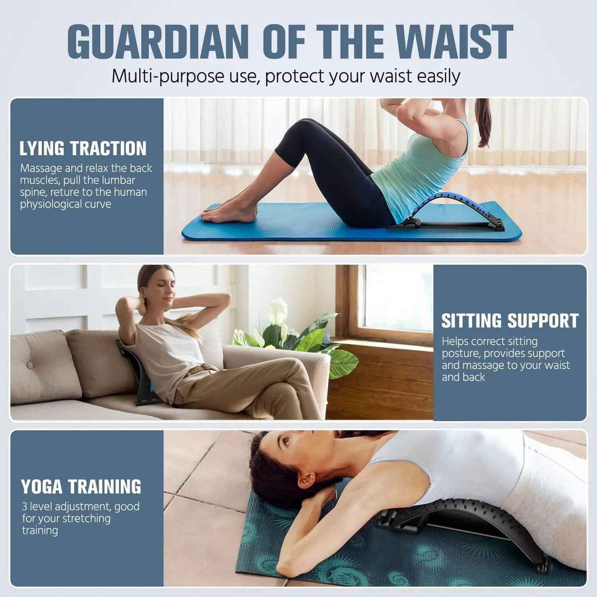 Multi-Level Back Stretching Device & Lumbar Support Massager, Adjustable Spinal Pain Relief for Bed Chair Car Home Office