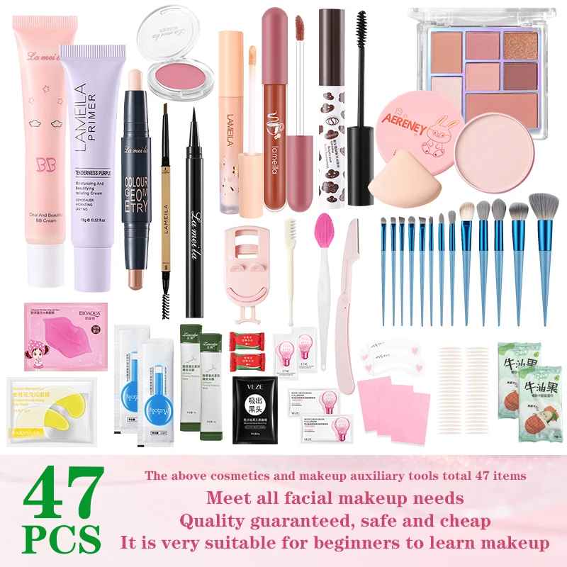 47PCS Set Waterproof Makeup Set BB Cream Eyebrow Pencil Eye Shadow Eyeliner Pencil Mascara Lipstick Loose Powder Brush Tool Set