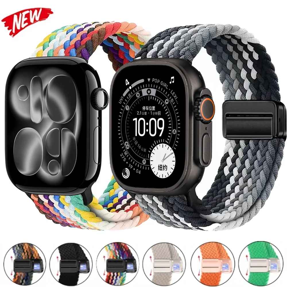 Nylon Braided Loop Strap for Apple Watch Ultra 3 2 49mm 11 10 42/46mm 9 8 7 45/41mm Magnetic Band iwatch 6 5 SE 44/40mm Bracelet