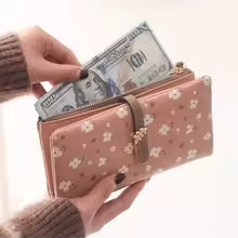 Women Long Wallet Cute Leaf Flower Pattern Design Girl Zipper Coin Purse Ladies ID Credit Card Holder PU Small Clutch Money Bag
