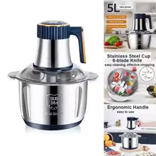 Electric Meat Grinder 5L Stainless Steel Meat Mincer Vegetables Blender, 500W Household Stuffing and Food Processor 5 Speeds